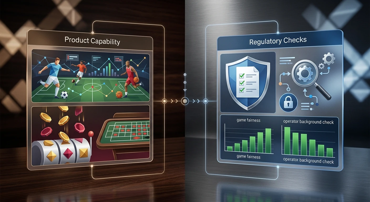 Editorial illustration comparing Goldenbet product features with UK regulatory checkpoints