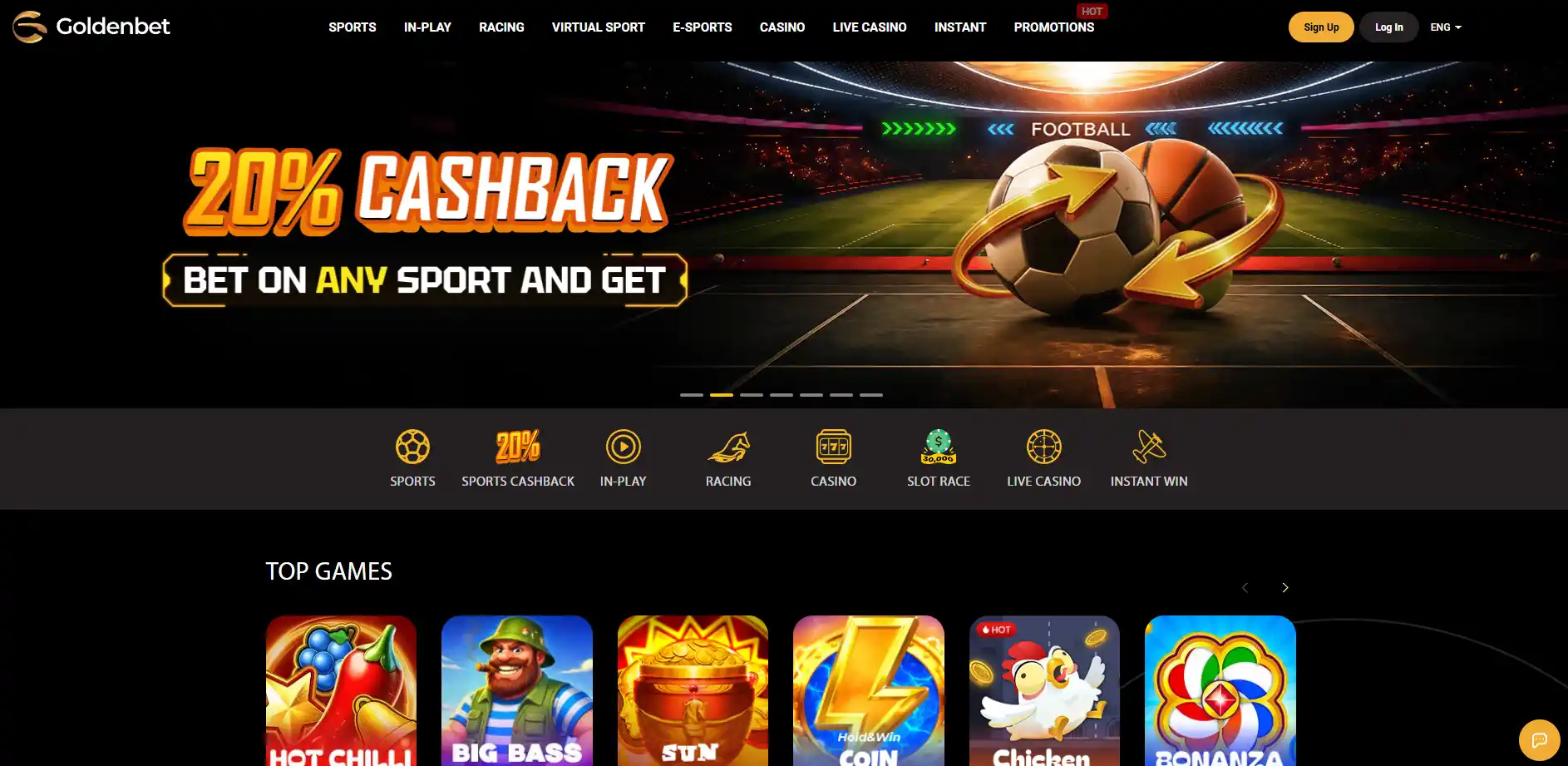 Goldenbet website header with casino and sportsbook navigation