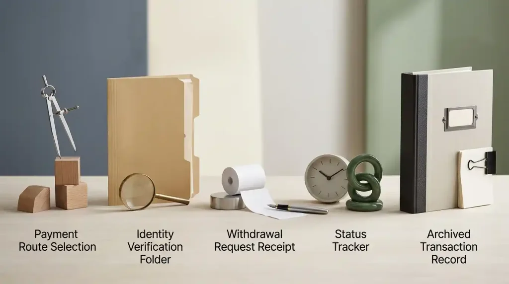 Conceptual cashout workflow with payment eligibility, verification, submission and record-keeping checkpoints