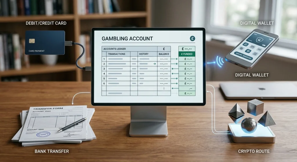 Conceptual payment flow showing GBP funding routes through cards, wallets, bank transfer and crypto
