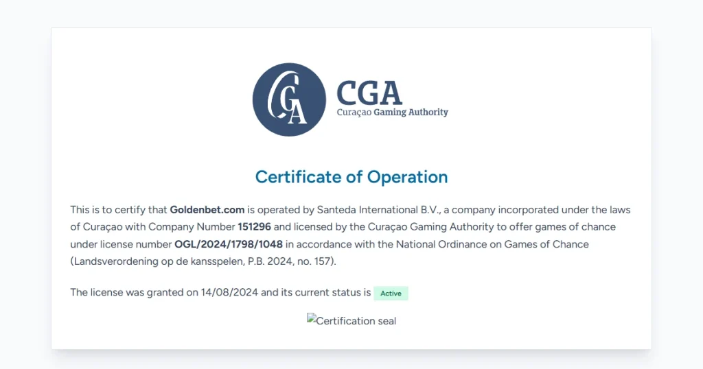 Curaçao Gaming Authority certificate for Goldenbet showing operator, licence number and active status