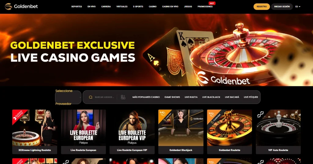 Current Goldenbet live casino lobby with live provider filters and dealer tables