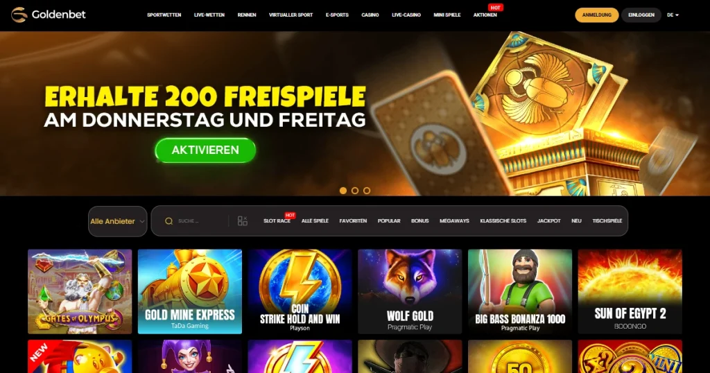 Current Goldenbet slots lobby with provider filters and slot categories