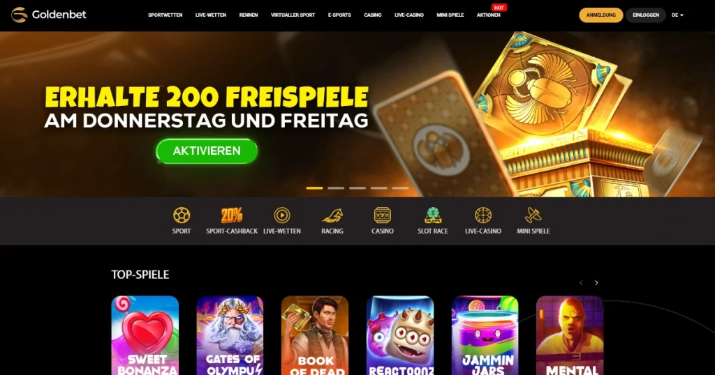 Goldenbet casino lobby with current casino, live casino and instant game categories