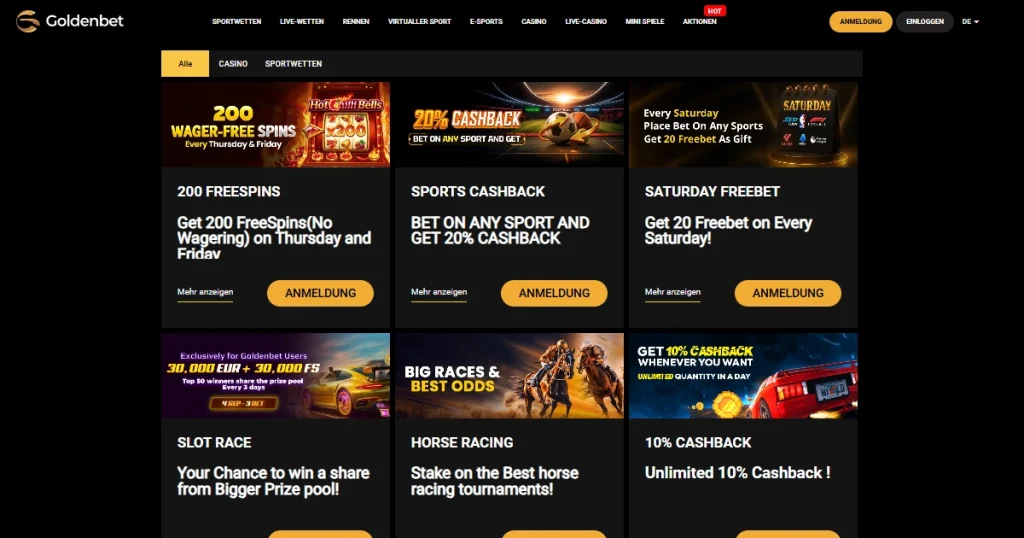 Goldenbet promotions page showing current free-spins and cashback offers
