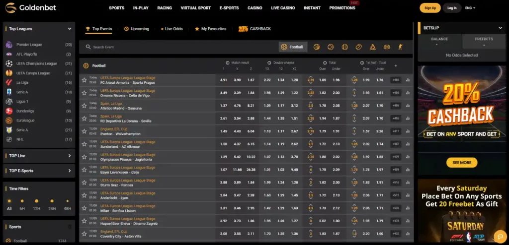 Goldenbet sportsbook navigation showing Sports, In-Play, Racing and E-Sports
