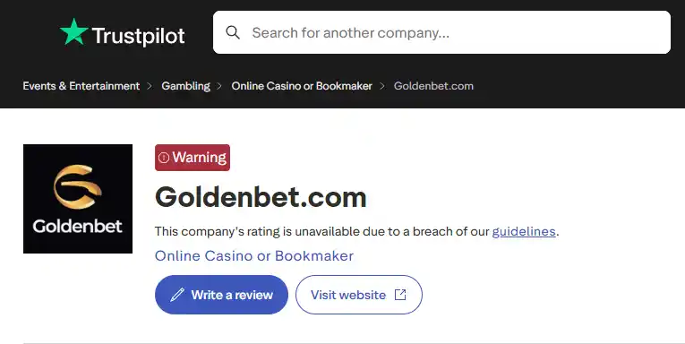 Trustpilot profile for goldenbet.com showing the review count and rating-unavailable notice